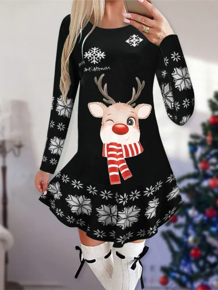 Christmas Snowflake Elk Vintage Party Dress Ruffles Elegant Long Sleeve Casual Print Winter Christmas Dresses Women Sweater Robe