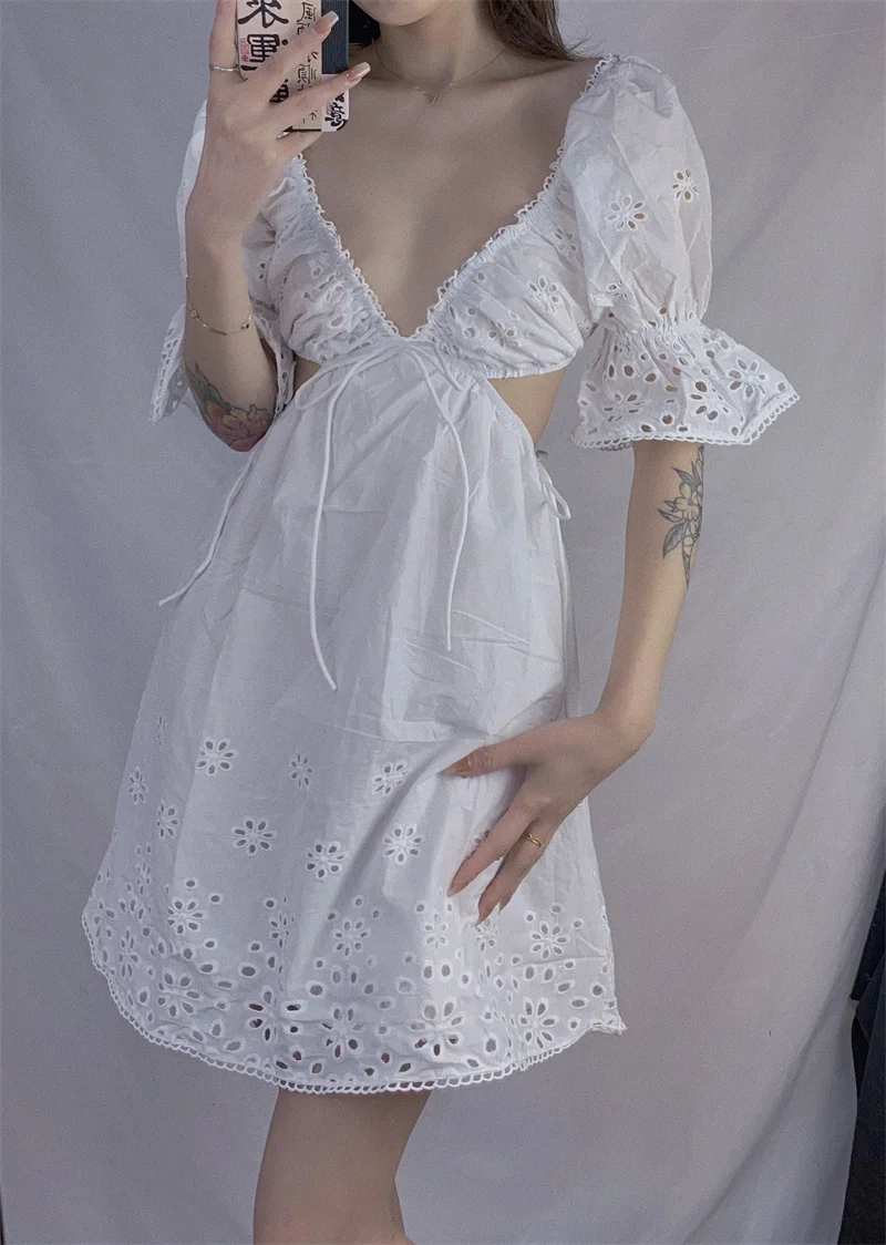 Sexy uitgehold ontwerp Pure kleur ort Dr Kanten rand Zwaar borduurwerk V Ne Hoge taille een lijnrok Street Sle Bubble S...