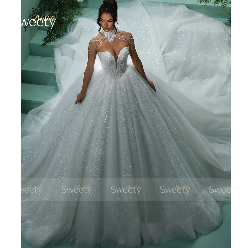 Shining Wedding Dress Organza With Embroidery Bead Ball Gown Sleeveless Strapless Customized Bride Dress  Zipper Vestido De Novi