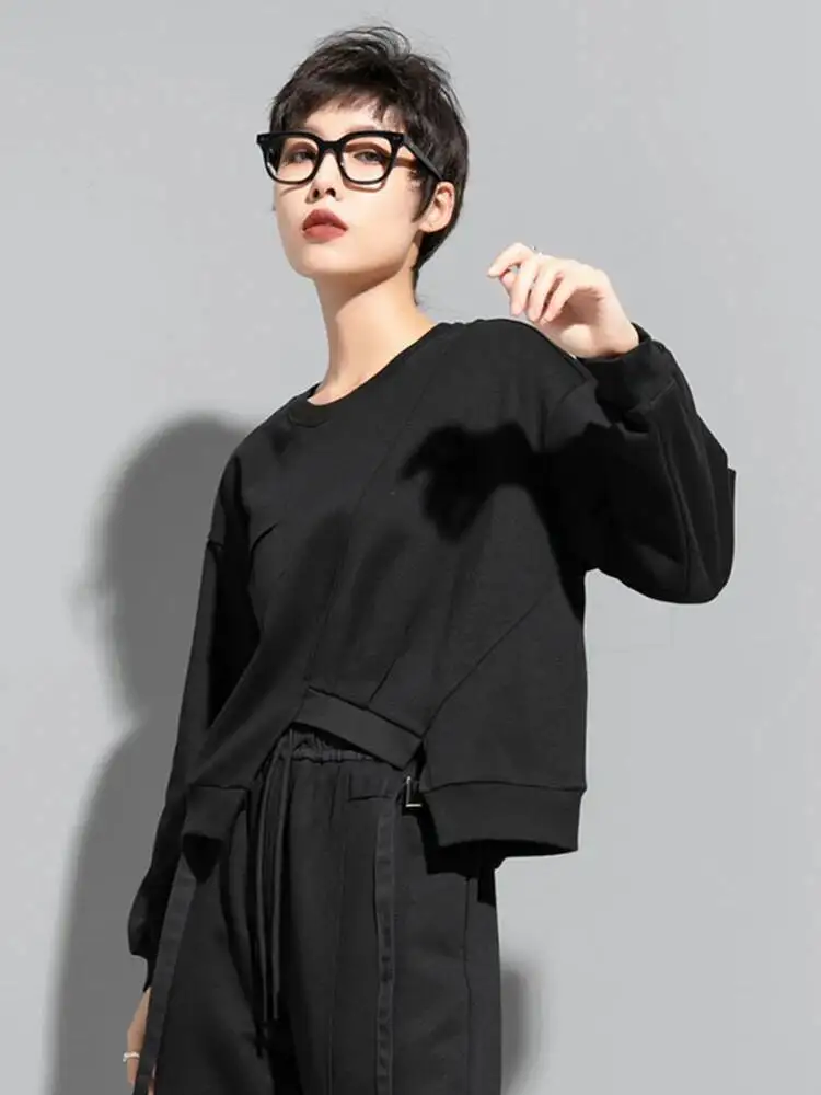 

Fit Black Loose Irregular Sweatshirt New Round Neck Long Sleeve Women Big Size Fashion Spring Autumn 2026 7K7B