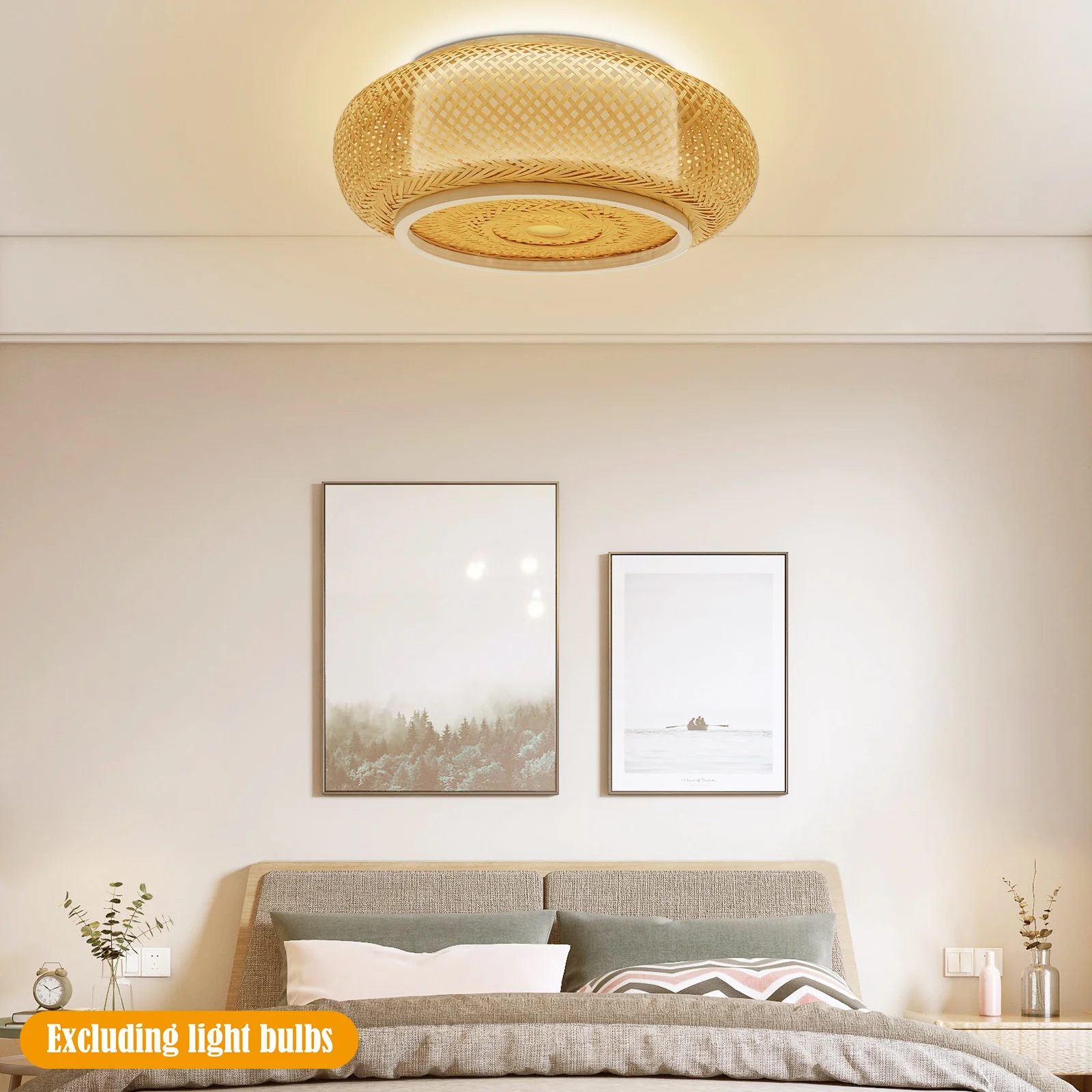 

Bamboo Flush Mount Ceiling Light Rustic Rattan Ceiling Fixture Hanging Lamp Flush Mount Ceiling Light 110V 3*E26 Bulbs