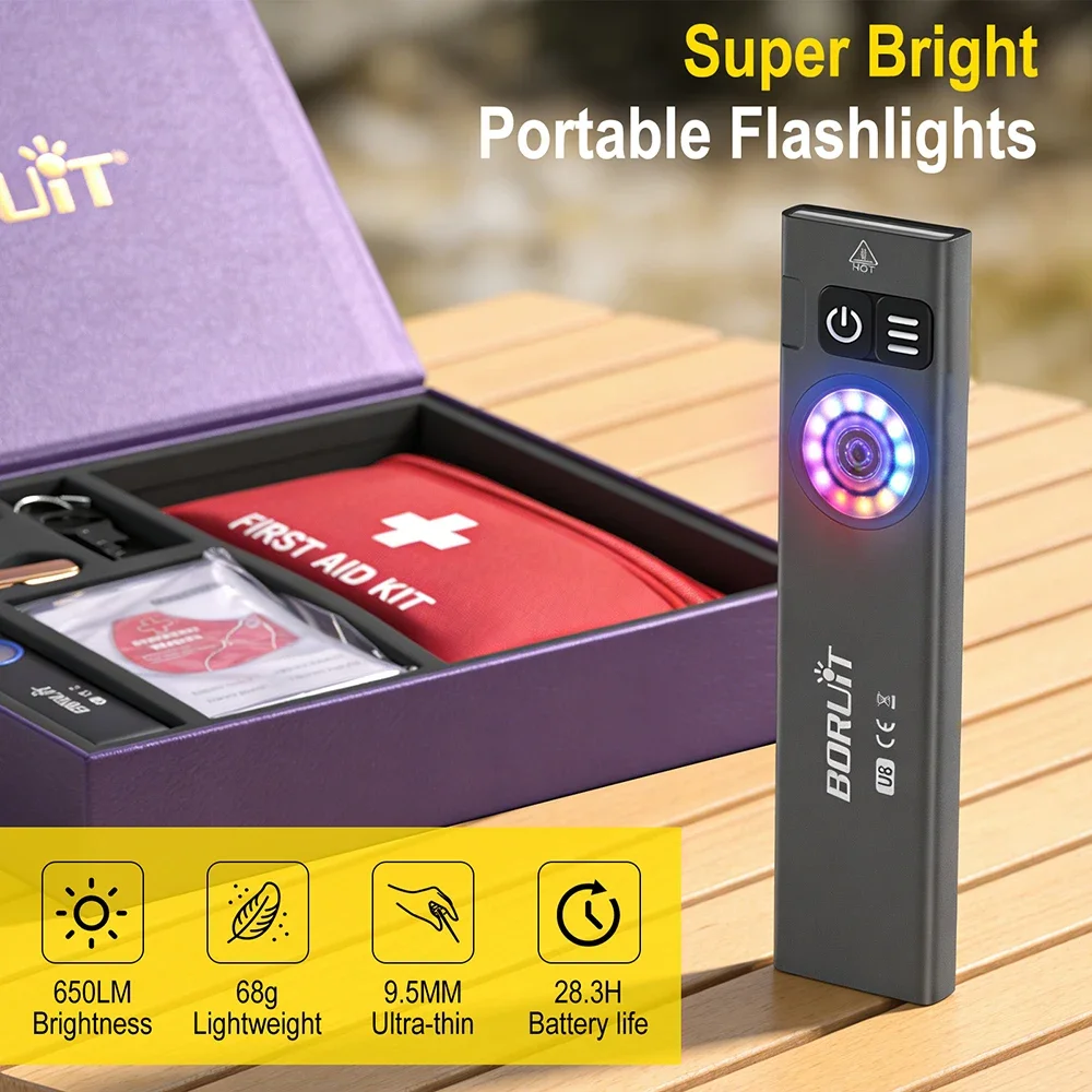 Boruit U8 Outdoor Flashlight IP67 Waterproof TYPE-C Charging with First Aid Blanket Whistle Compass EDC Tool Purple Gift Box