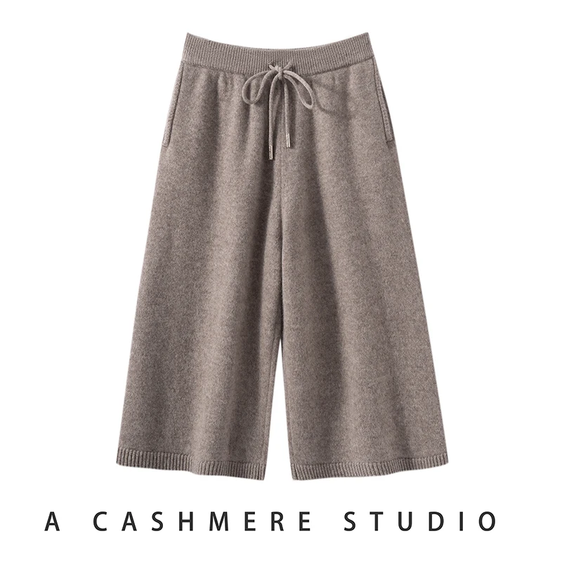 Women Cashmere Shorts Elastic Waist Casual Three-quarter pants Autumn Winter 100% Cashmere Knitted Lace-up Solid Short Pants