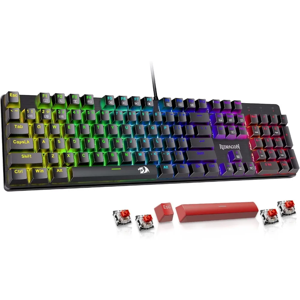 Gaming Keyboard Wired: 11 Backlit Modes, Hot-Swappable Red Switch, Anti-Ghosting, Double-Shot PBT Keycaps for PC/Mac