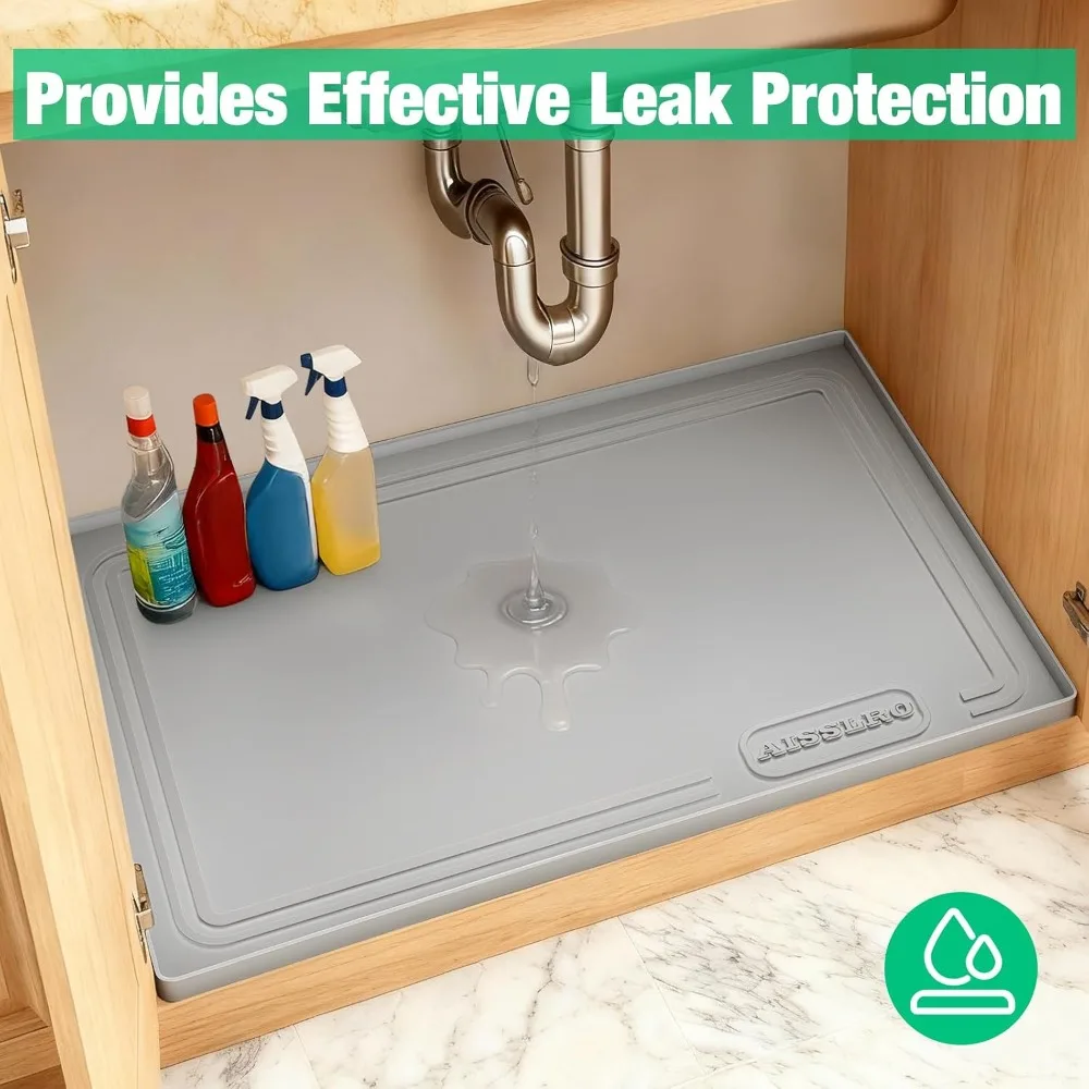Waterproof Under Sink Mat 22"x19" - Silicone Cabinet Protector with Raised Edge, Leak Tray, Pet Feeding Mat, Gray view 4