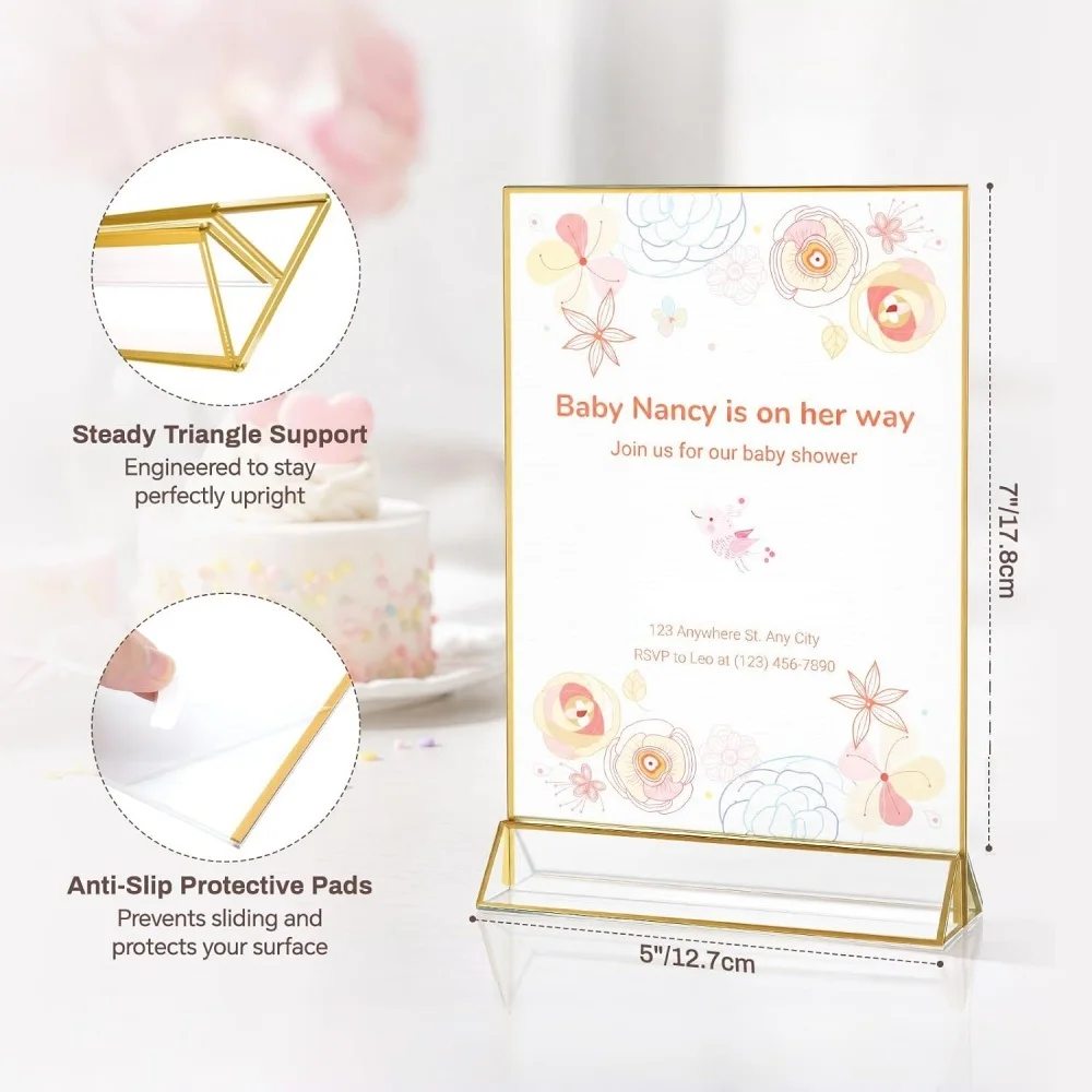 6 Pack 5x7 Acrylic Sign Holders Double Sided Gold Frame Clear Plastic Picture Frames Vertical Table Menu Display Stands for Wedd