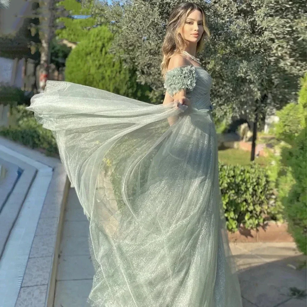 Flavinke Off The Shoulder Green Pleat Prom Cocktail of Formal Dresses for Women Party Wedding Evening Gown Long Dress Robe