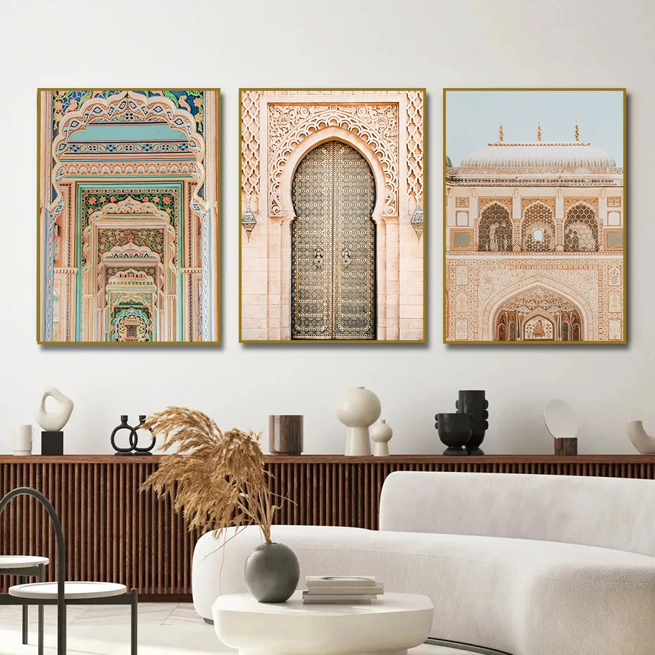 Morocco Door Indian Architecture Travel Poster Print Gallery Islamic Wall Art, Marrakech Boho Canvas Painting Home Decor Gift