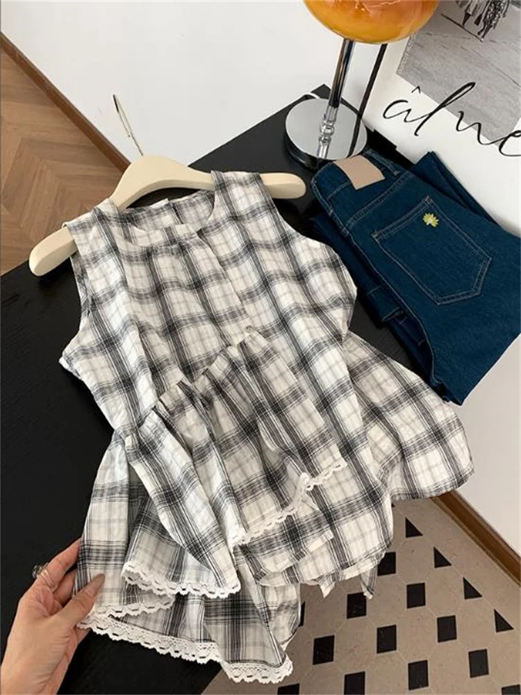 

Корейский винтажный жилет нерегулярной формы Svel, женский летний дизайн, кружевная отделка, круглый топ Ne Doll irt