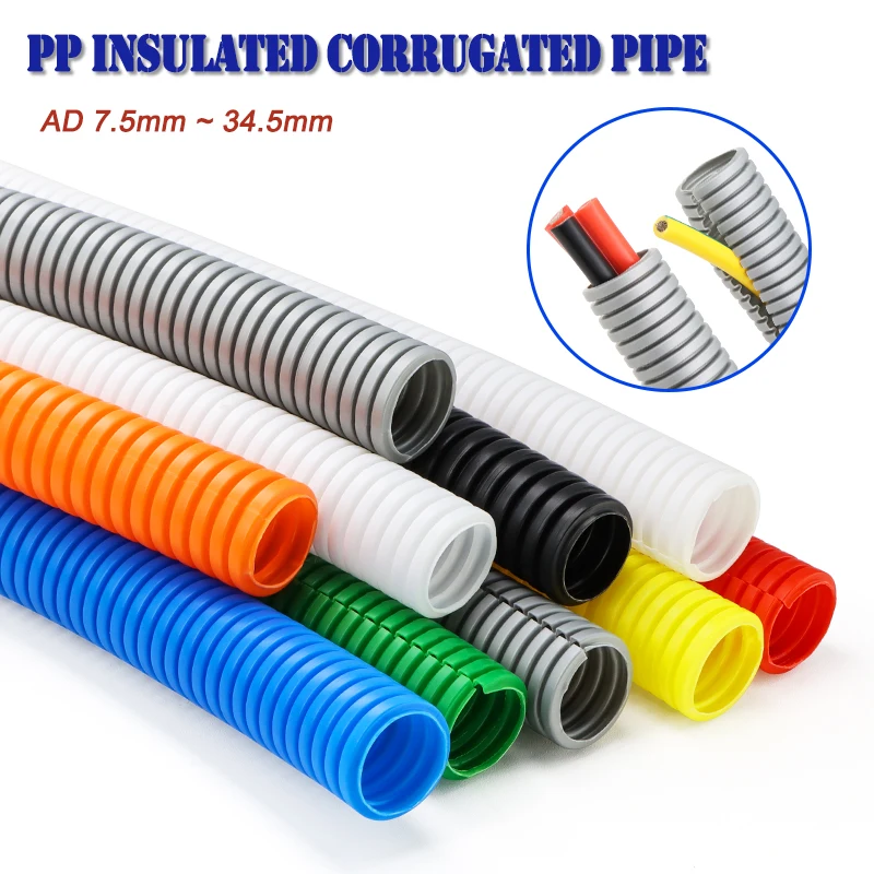 10m PP Insulated Corrugated Pipe AD 7.5mm ~ 34.5mm ID 8mm ~ 29MM Harness Casing Cable Sleeve Auto Car Mechanical Line Protection