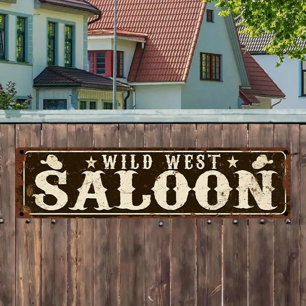 لافتة معدنية عتيقة "صالون الغرب المتوحش" - 15.7 × 3.9 بوصة ديكور نجوم رعاة البقر الريفي، فن بار المنزل الداخلي والخارجي #3