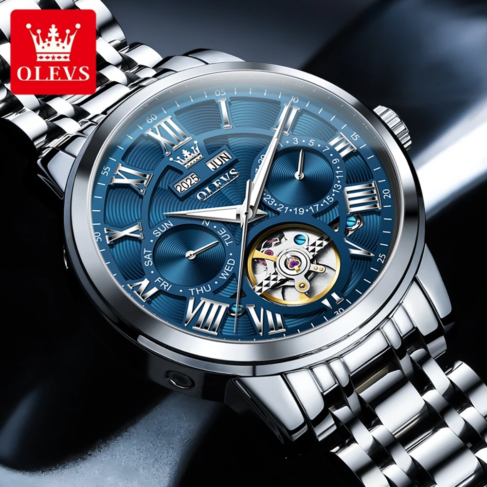 OLEVS 6668 ساعة رجالية أصلية متعددة الوظائف هيكل عظمي مقاوم للماء حزام من الفولاذ المقاوم للصدأ ساعات آلية أوتوماتيكية للأعمال