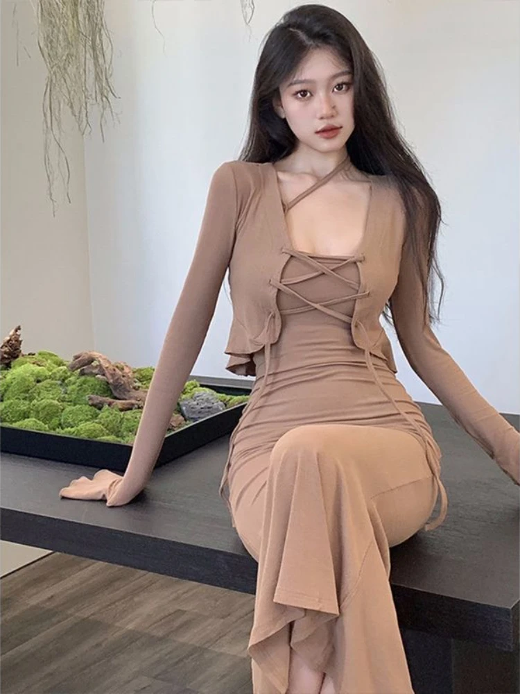 Two Pieces Sets Women Bandage Outwear Mermaid Dress Ins Slim Sexy Spring Ladies Vintage Chic Solid Flare Sleeve Fashion Ulzzang