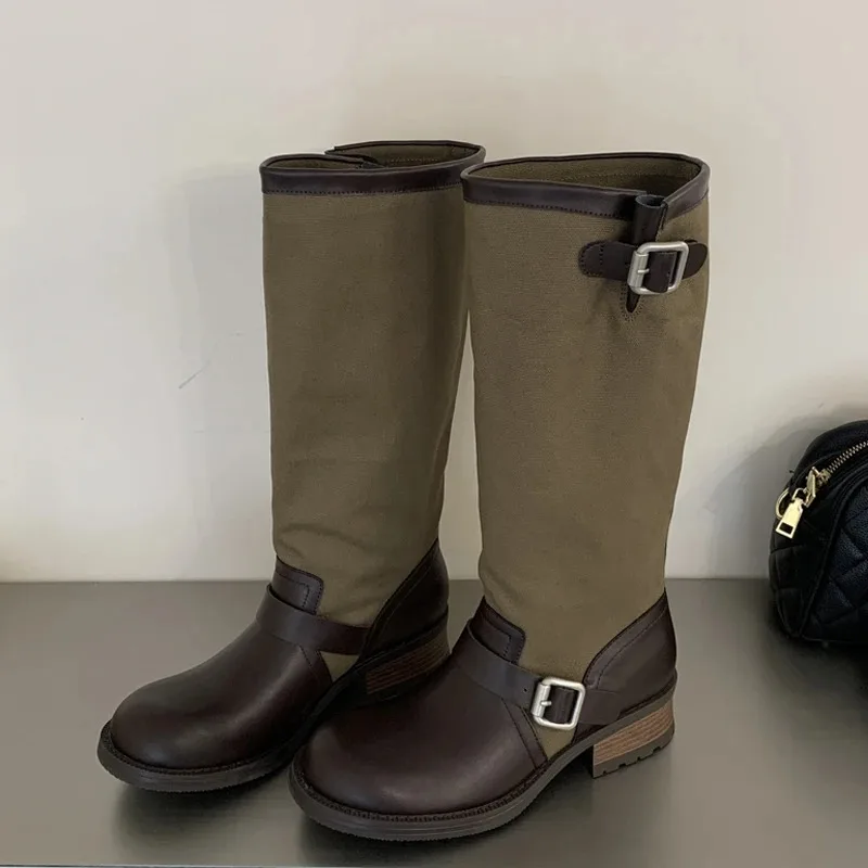 Aneikeh Winter Punk Style Round Toe Women Knee-High Boots Design Style Splicing Color Blocking Belt Buckle Square Low Heels Shoe
