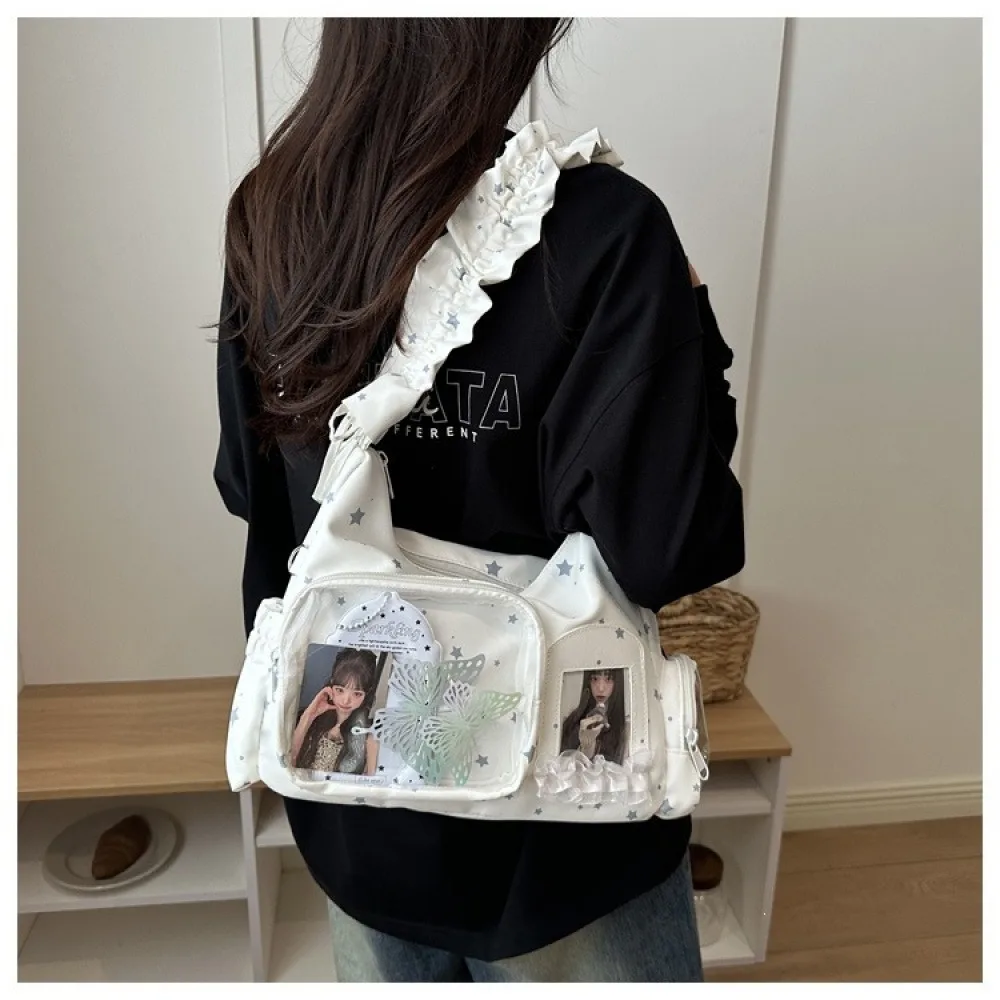 Y2K Rüschen-Stern-Itabag mit doppeltem Klarsichtfenster, Schultertasche, Kpop-Fotokarten-Hobo-Handtasche – Detail 1