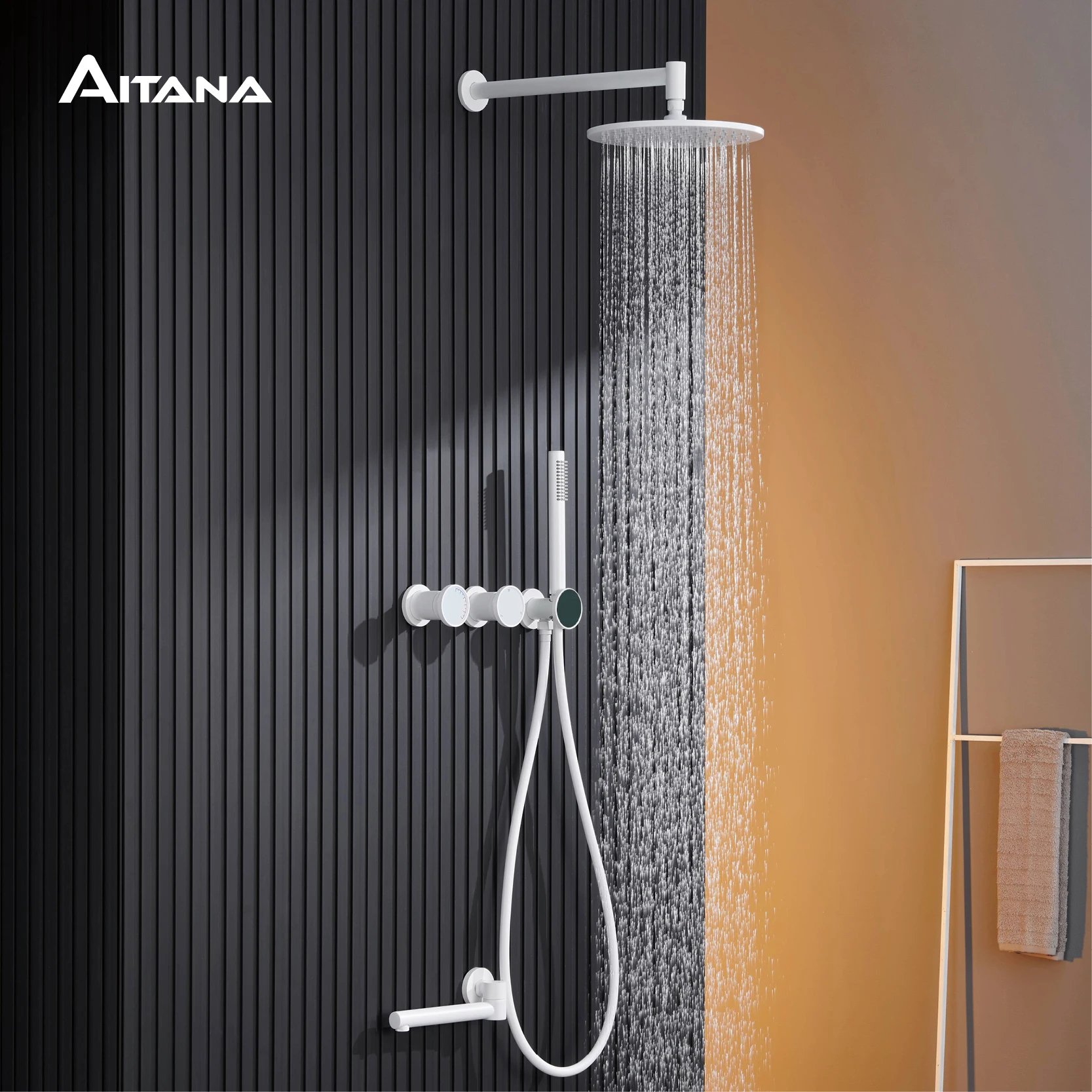 

AITANA Luxury White Embedded Brass Shower System Simple Design Wall Mounted 2 Handle Hot & Cold Water 3 Function Bathroom Faucet