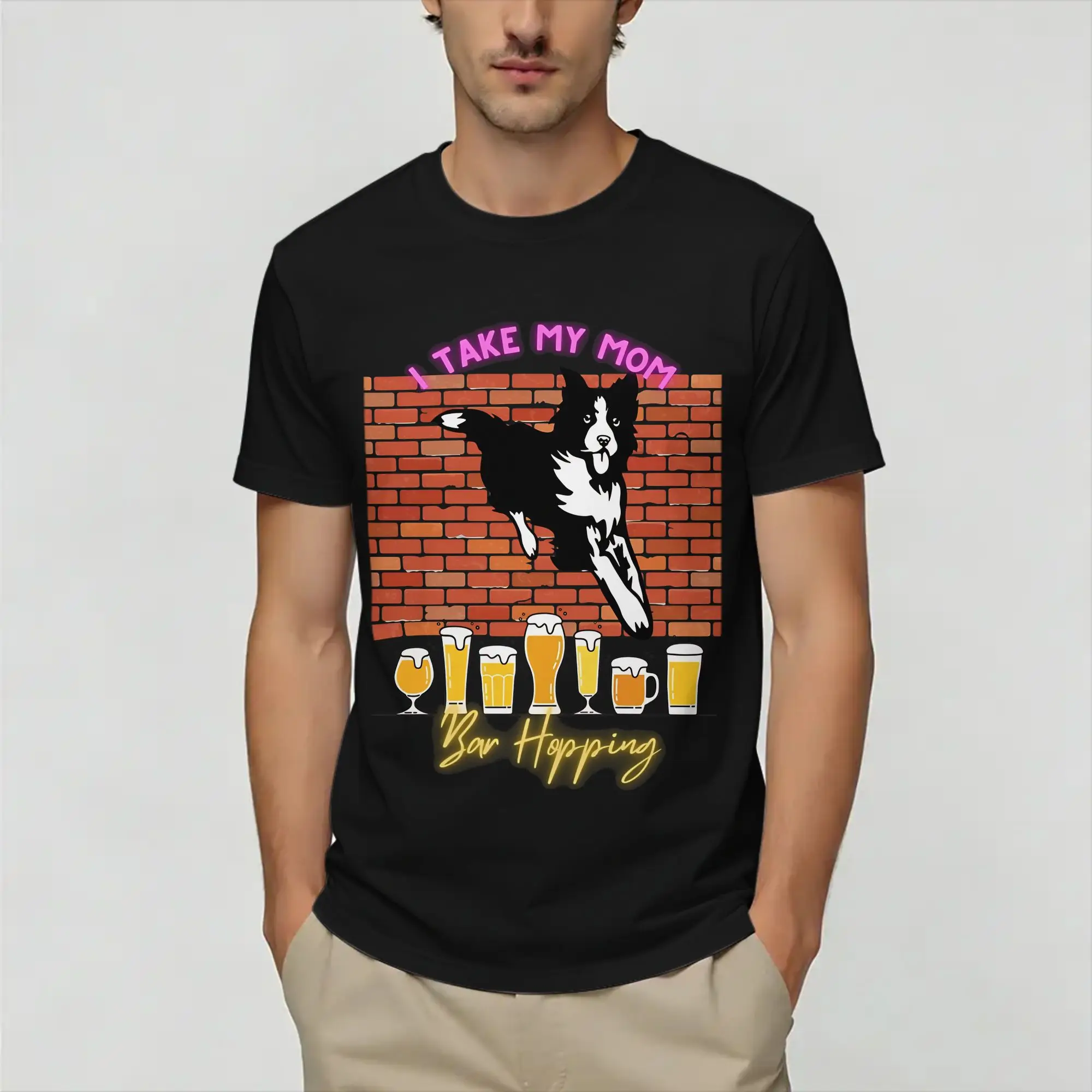 Camiseta divertida con estampado de Border Collie bebiendo cerveza, camisetas de algodón 100 para verano, camiseta con estampado Harajuku, camisetas clásicas de manga corta