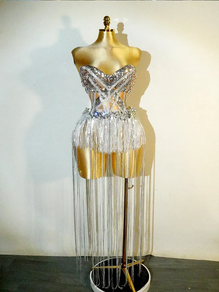 

Сексуальная дрель с серебряной кисточкой для девочек, комплект из 2 предметов, топ без бретелек, вечерний наряд для свадьбы, дня рождения, костюм для фотосессии знаменитостей