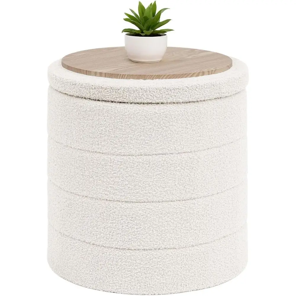 

Ottoman with Stroage, Round Sherpa Storage Ottoman Stool, Boucle oot Rest 16.9"x16.9"x17.7"（White
