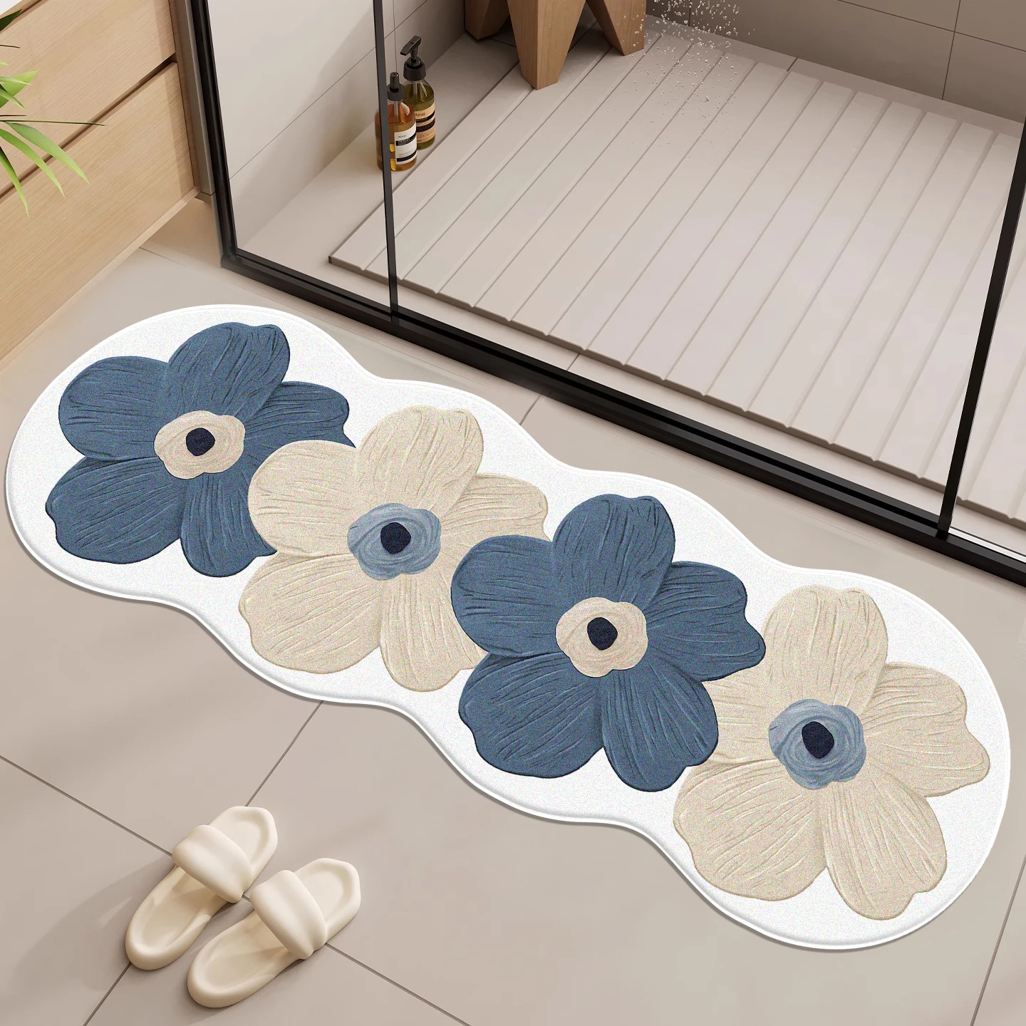 Nordischer Ins-Stil Unregelmäßiger Blauer Blumen-Badezimmerteppich Rutschfeste Weiche Fußmatte für Badezimmer-Eingang Luxuriöser Schlafzimmer-Bettvorleger