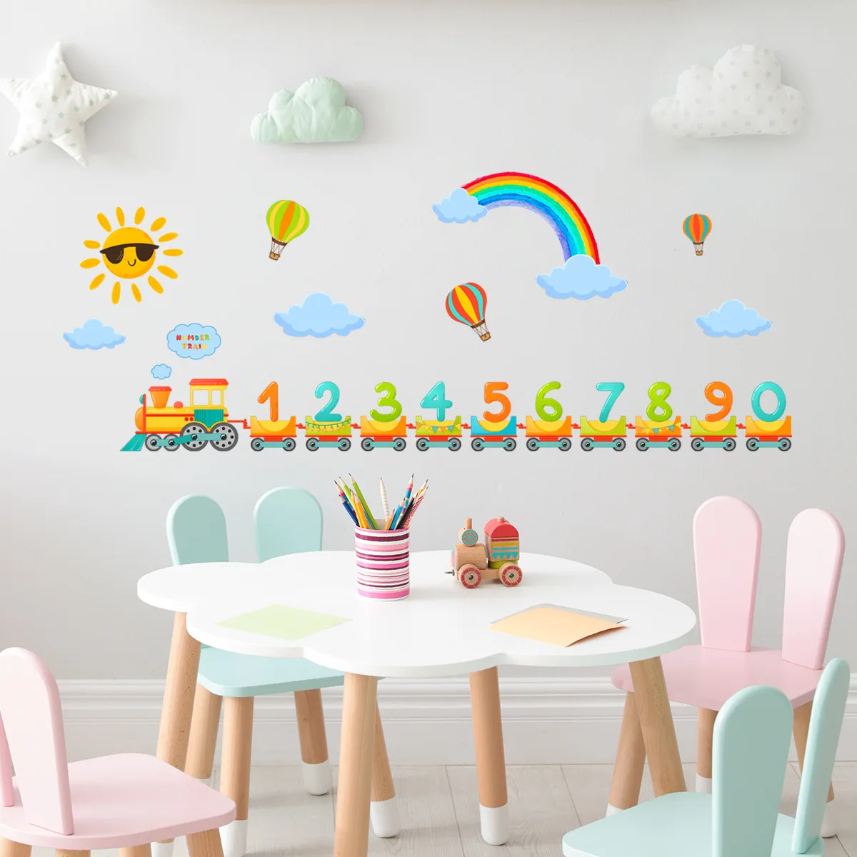 4pcs/set DIY Rainbow Digital Train Hot Air Balloon Wall Sticker Background Wall Decoration Self-adhesive