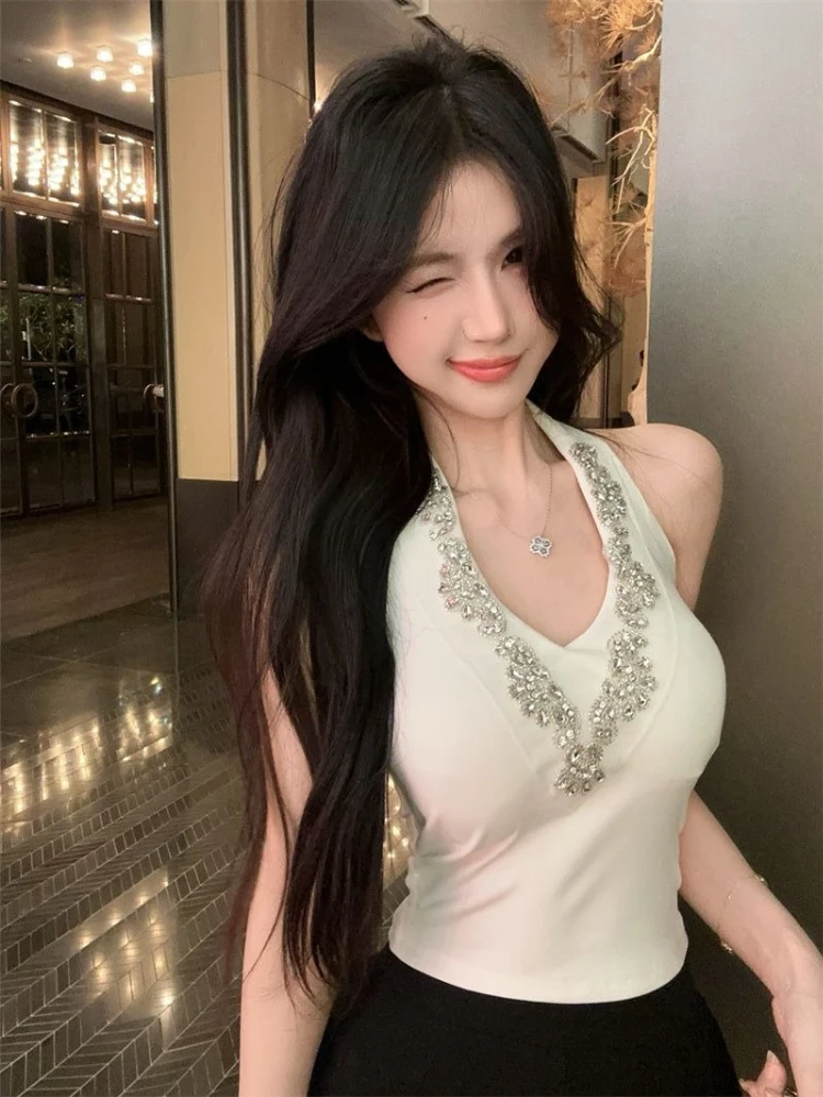 Charming Rhinestone Decor Halter Camisole Top Women Summer Streetwear High Quality Slim Fit Fashionable Latest Design