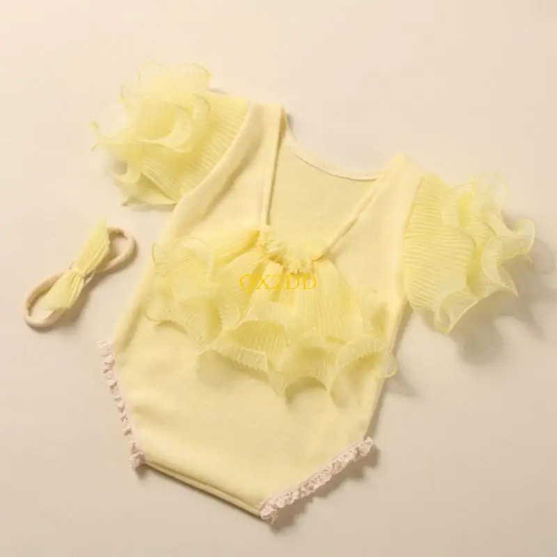 QX2D Baby Christmas Photo Costume Lace Romper Newborn Photography Bowknot Hairband