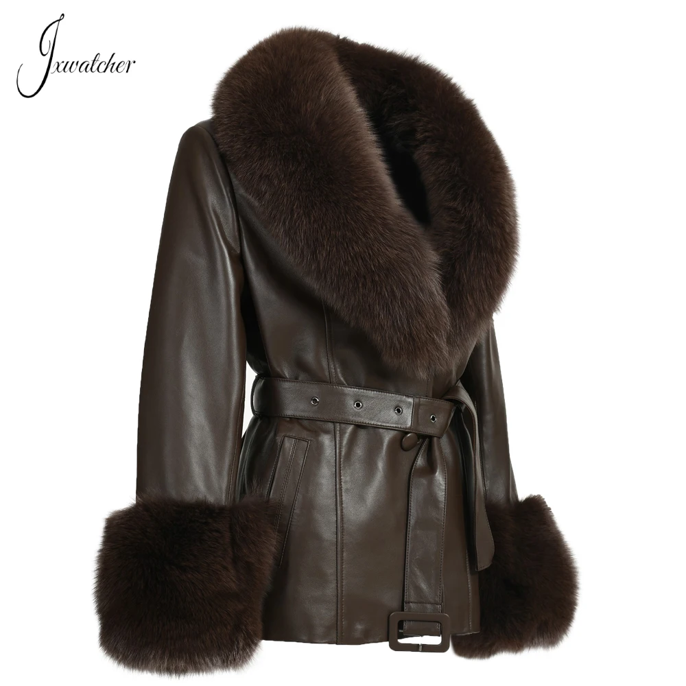 Jxwatcher Echt Leder Jacke Frauen Echtem Schaffell Mantel Mit Echten Fuchs Pelz Kragen Manschetten Damen Gürtel Schlank Frühling Herbst Mäntel