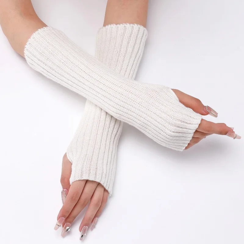 Premium Thickened Striped 30cm Long Knitted Wool Gloves for Men and Women Autumn Winter Warm Mid Long Arm Sleeve Cover Soft
