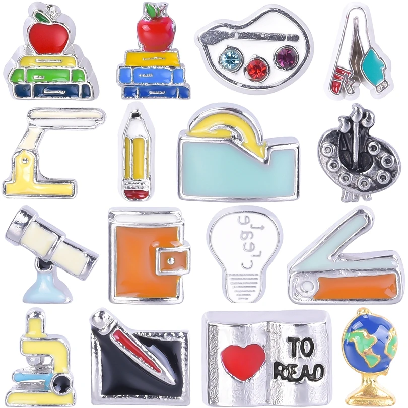 20Pcs Learning Tools Pen Motebook Microscope Apple Book Floating Charms Globe Drawing Board Pendant Fit Locket Necklaces Jewelry