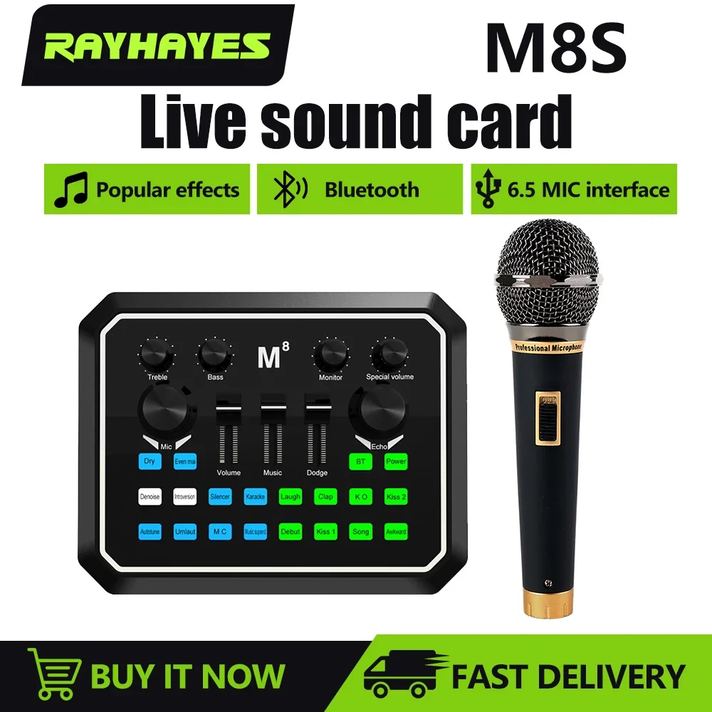 RAYHAYES M8S Bluetooth-Compatible Sound Card Studio Record Phone PC Live Laptop Podcasting Microphone Audio Mixer