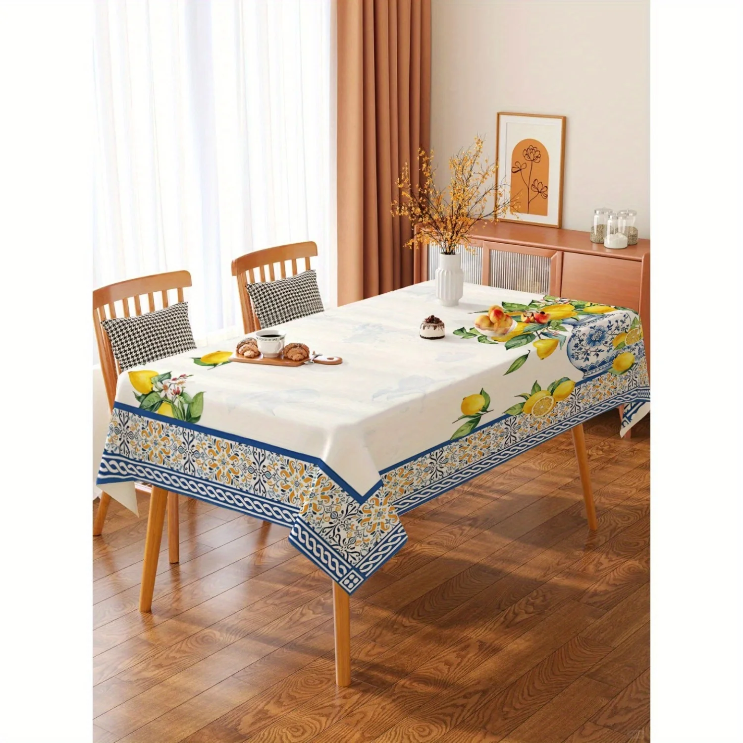A Lemon Mediterranean Pattern Tablecloth,wedding decorations,summer decoration,garden decor for outside,outdoor decor, Suitable for Summer Use, Featuring a Fresh Fruit Design, Measuring 137.16 X 274.32cm. Made from Washable, It Is Perfect for Patio