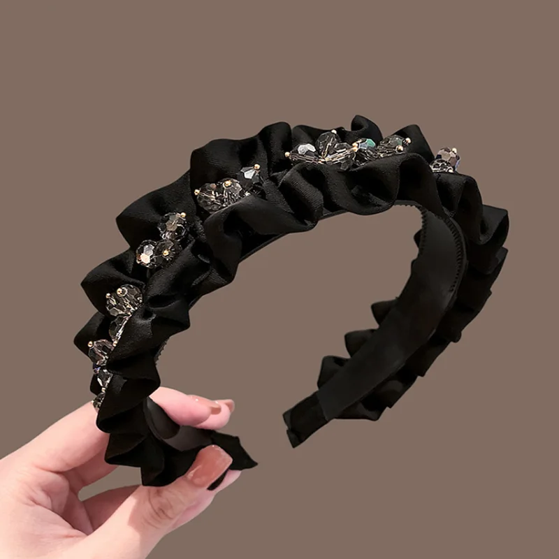 

Black Crystal Fabric Headband for Women Wrinkled Lotus Leaf Edge Hair Hoop Sweet Press Hair Hairbands Girls Hair Accessories