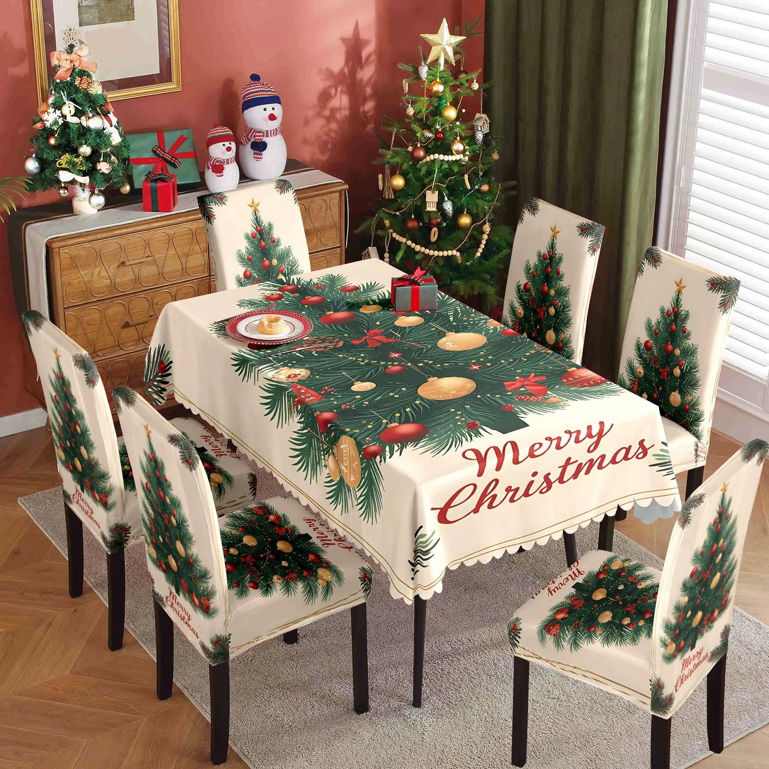 

5/7pcs Home Christmas decorative table and chair covers, with "Merry Christmas" and Christmas tree prints, washable and reusable