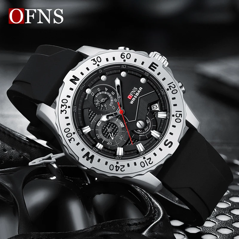 OFNS Top Brand Trend Men\'s Quartz Watch Business Men Watches Silicone Sports Waterproof Military Quartz Chronograph Wristwatch