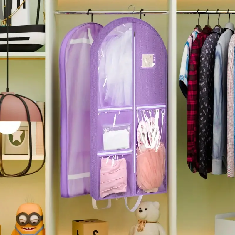 Violet Multi-accessory Pockets Children's Dance Storage Bag Dress Garment Bag Non-woven Fabric and PVC Clothing Dust-proof Cover