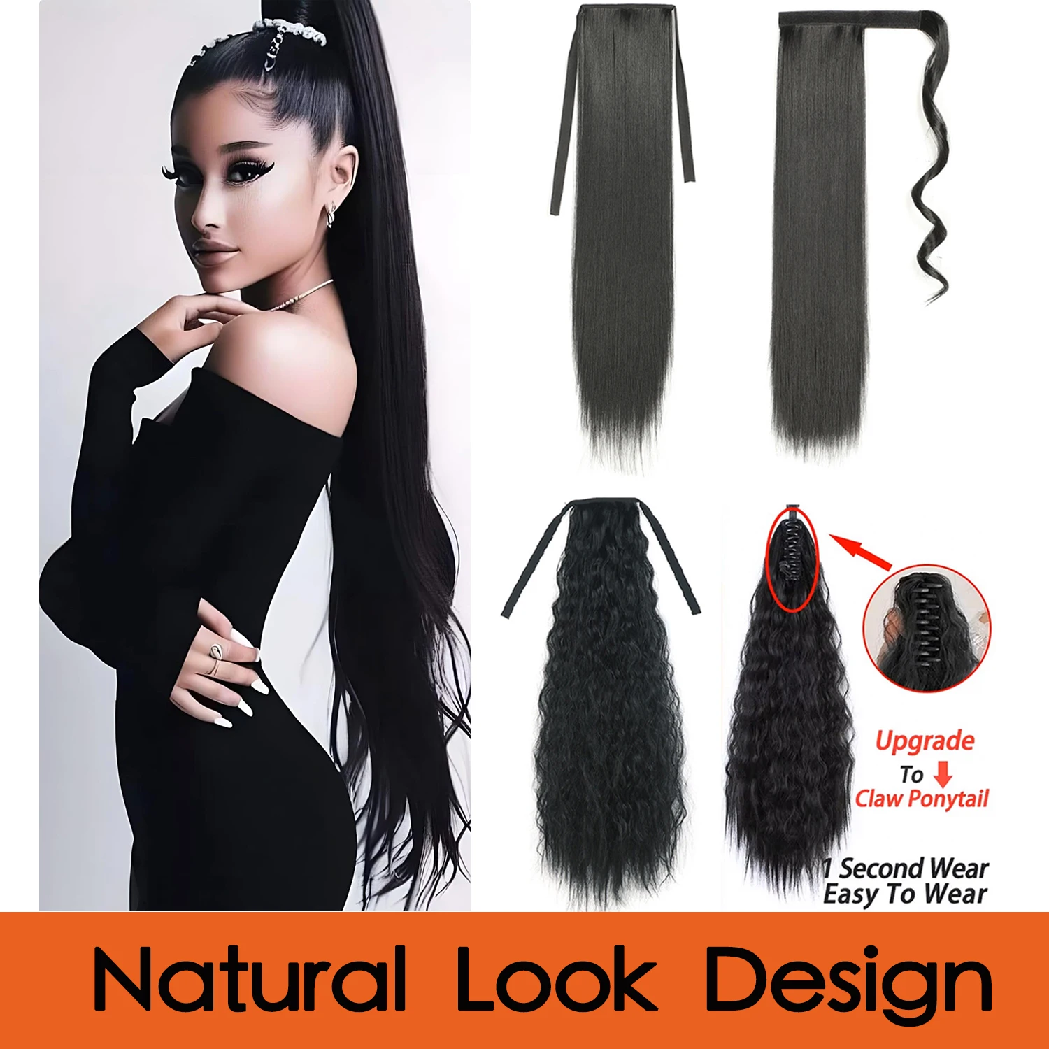 Straight Long Ponytail Extensions 22inch Natural Black Wrap Around Synthetic Hair Piece Pony Tail Hair Hairpieces for Women Girl