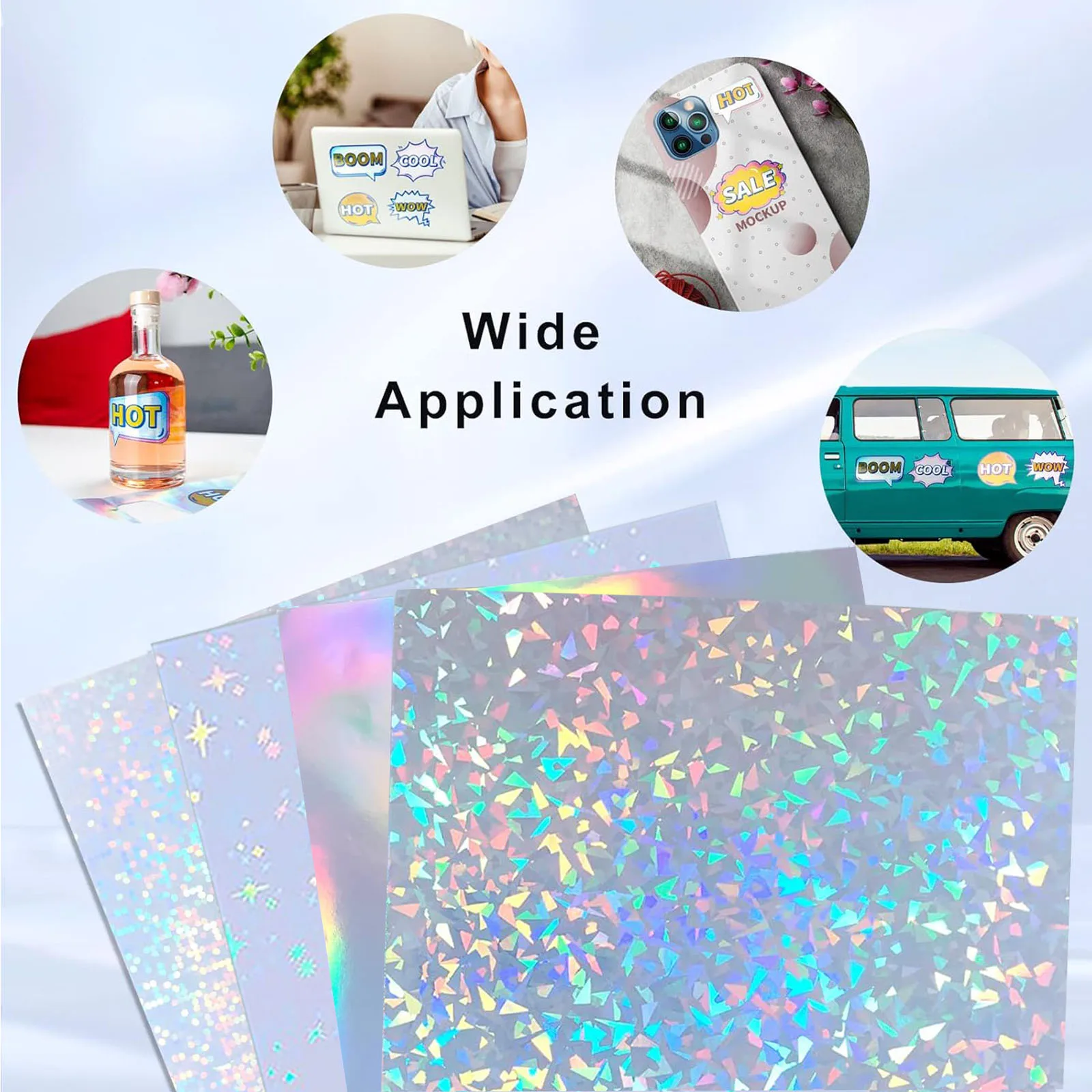 40 Sheets 4 Styles Mixed Holographic Sticker Paper Clear Vinyl Self Adhesive Waterproof Rainbow Transparent Overlay Film A4 Size