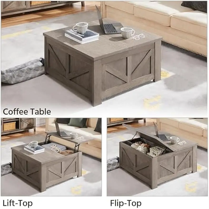 Lift Top Coffee Table, Square Farmhouse Coffee Table with Hidden Storage Compartment, Wood Center Table for Living