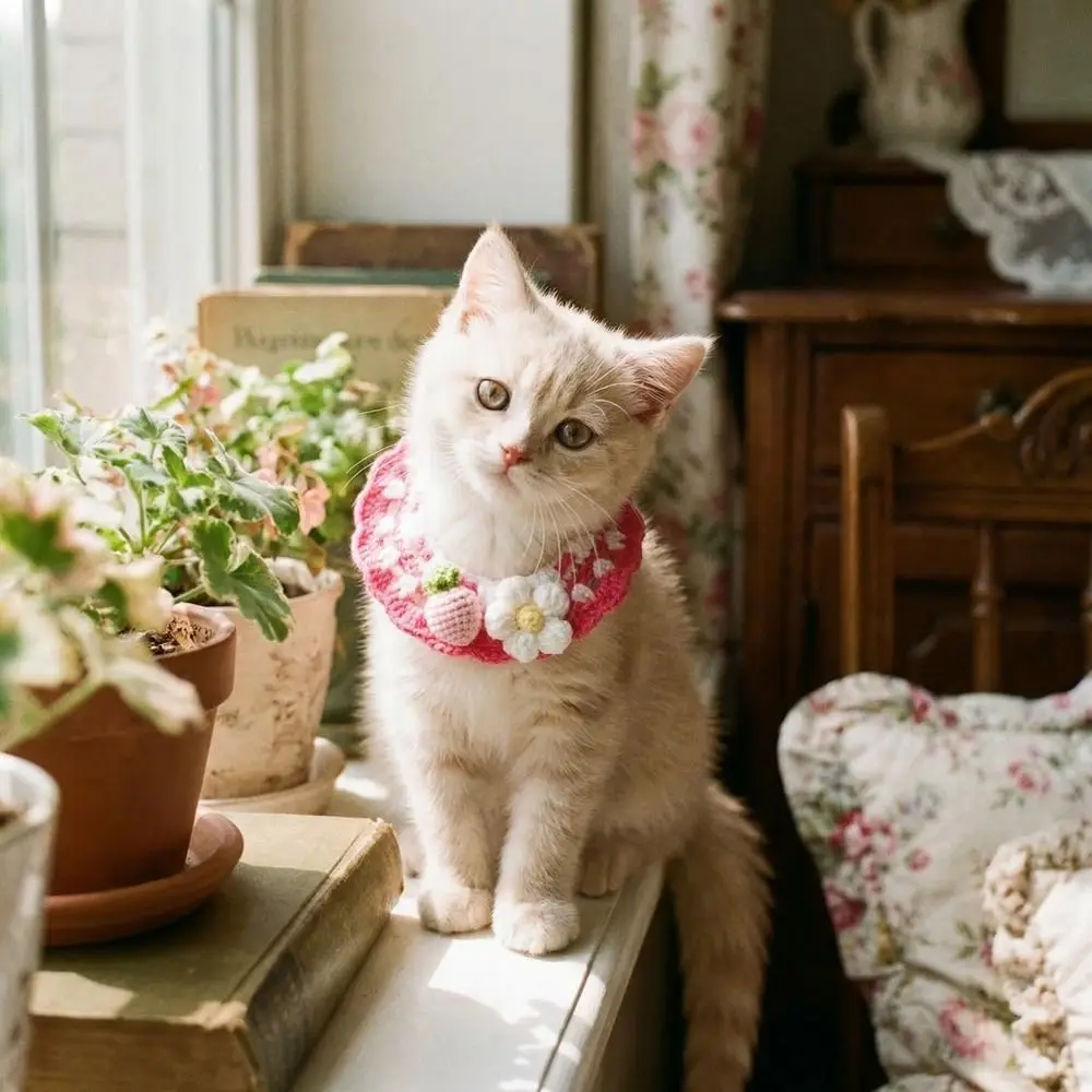 Adjustable Flower Pet Scarf Bib Handmade Sweet Knitted Cat Scarf Cozy Decorative Cat Strawberry Collar Small Medium Pets