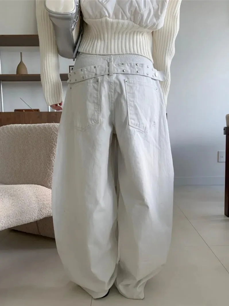 리벳 장식 와이드 레그 청바지 여성용 하이웨이스트 벨트 바 퍼스널리 겨울 신상 슬레 출퇴근 스타일 순수 전자상거래 중국 ...