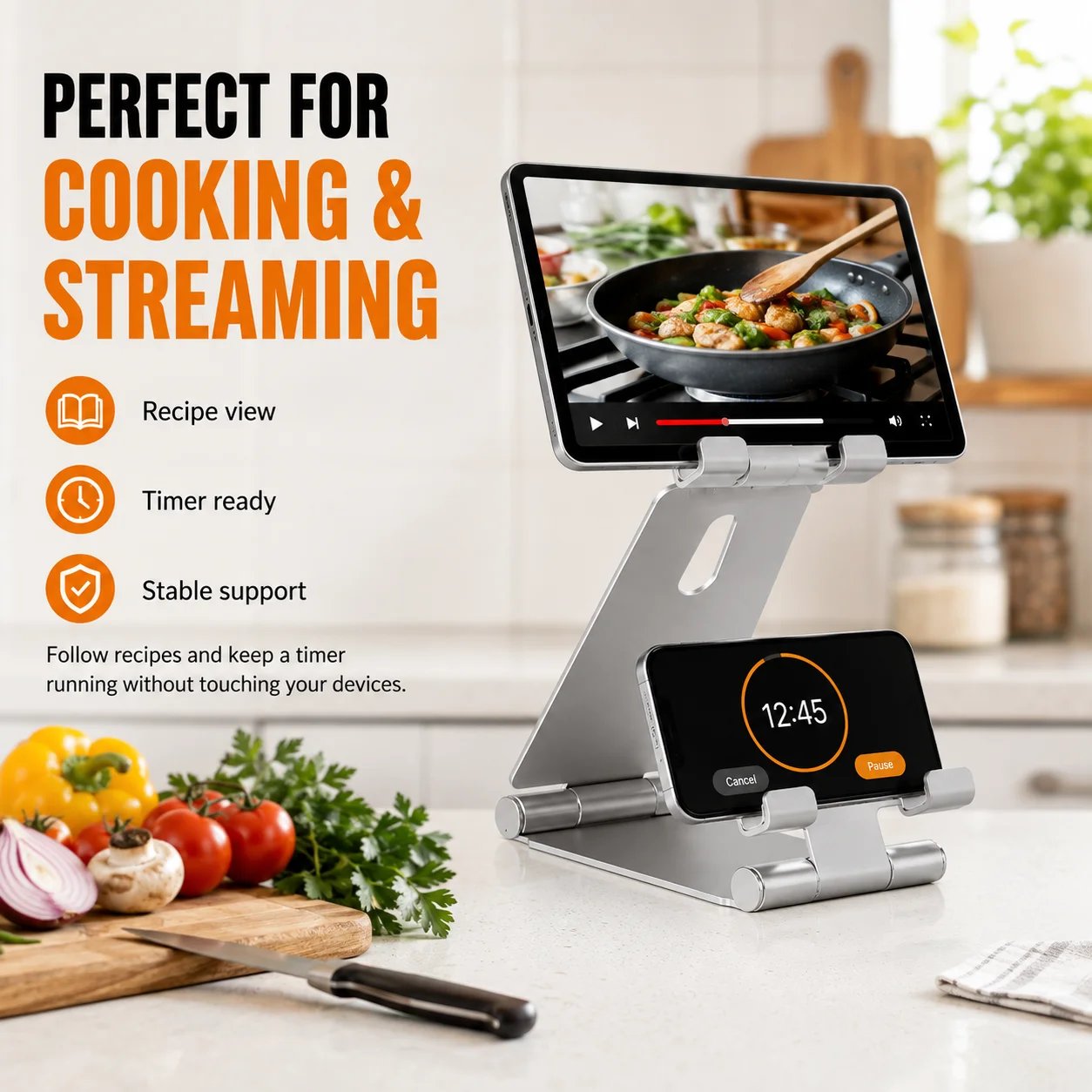 Dual Layer Aluminum Phone Tablet Stand, Foldable Holder for iPad & iPhone, Adjustable Angle, Desktop Accessory for Home Office W
