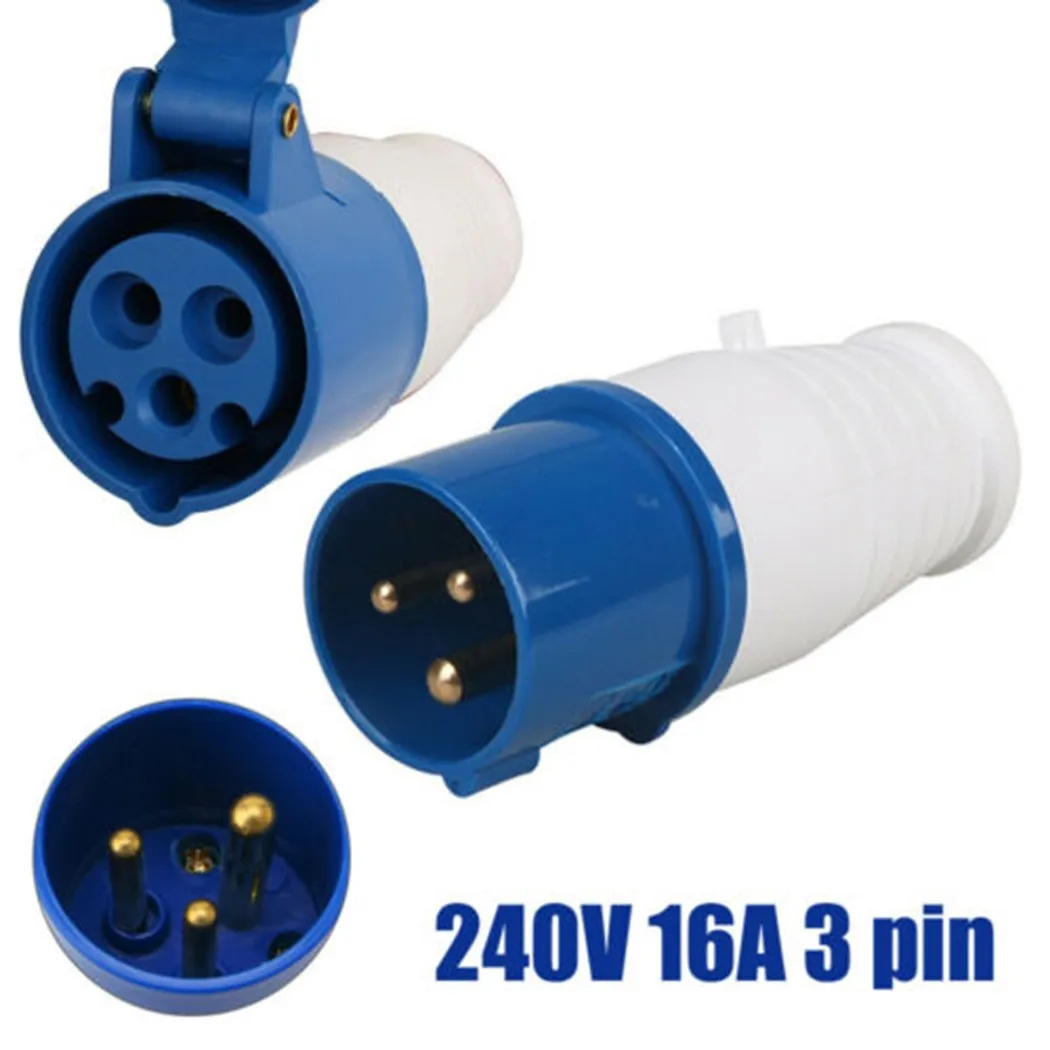 NEW Blue 240V 16 AMP 3 Pin Industrial Site Plug & Sockets IP44 2P+E Male/Female Industry Electrical Socket