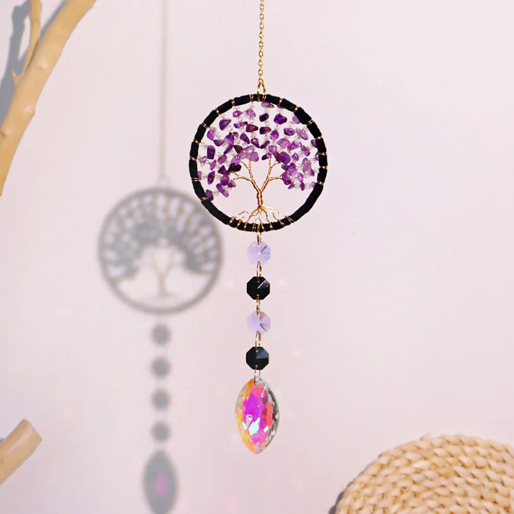 Custom Amethyst Crystal Sun Catcher - Tree of Life Black Hoop Raw Stone Chip Hanging Ornament for Window Decor