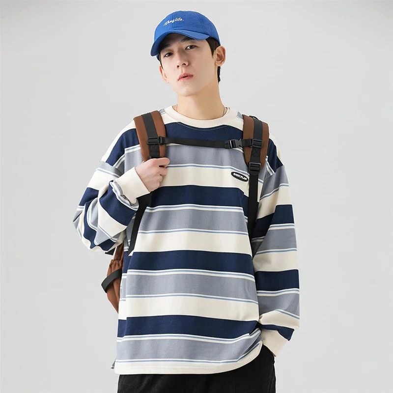 

Summer Fall Striped Print Men O Neck Long Sleeve Sweatshirts Teenager Loose Fashion Simple All-match Oversized Pullover Clothing