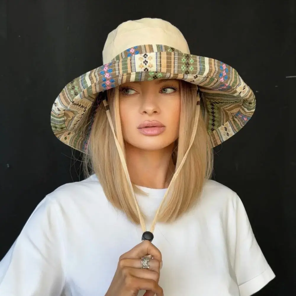 Fashionable Reversible Bucket Hat Summer Sun Protection Cap Foldable Wide Brim Beach Hat Simple Cotton Fishing Hat Travel
