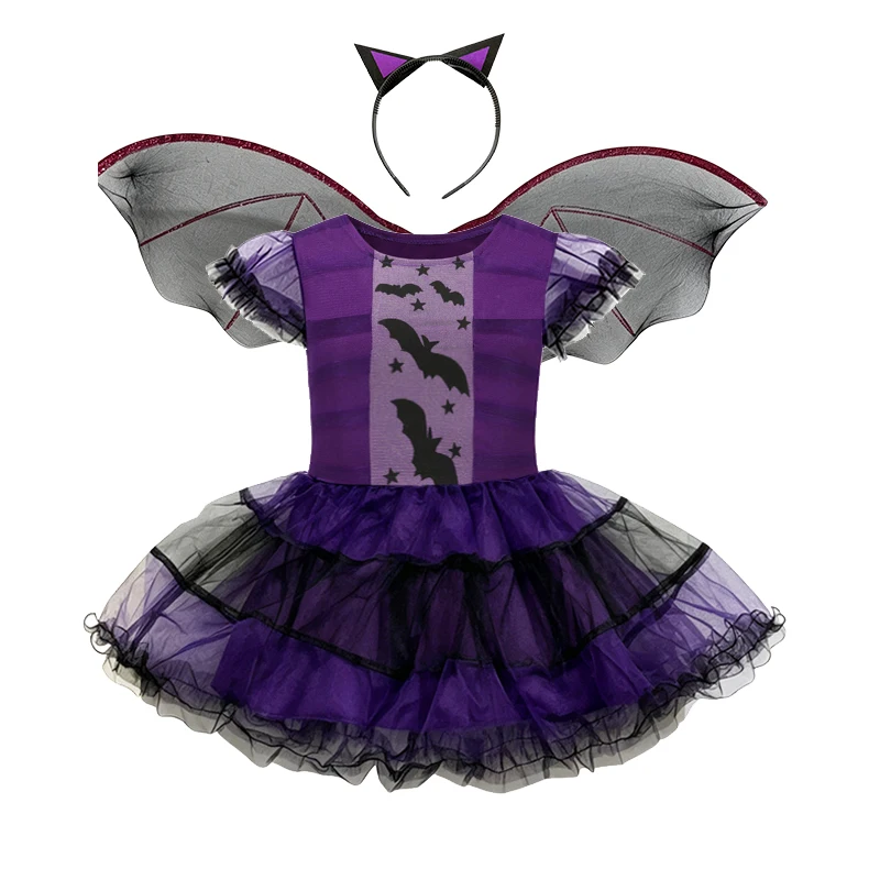 Kinder Mädchen Halloween Fledermaus Hexen Kostüm Komplettset mit Flügeln, Halskette, Socken, Netzstrümpfen und Handschuhen für Themenpartys – Detail 7