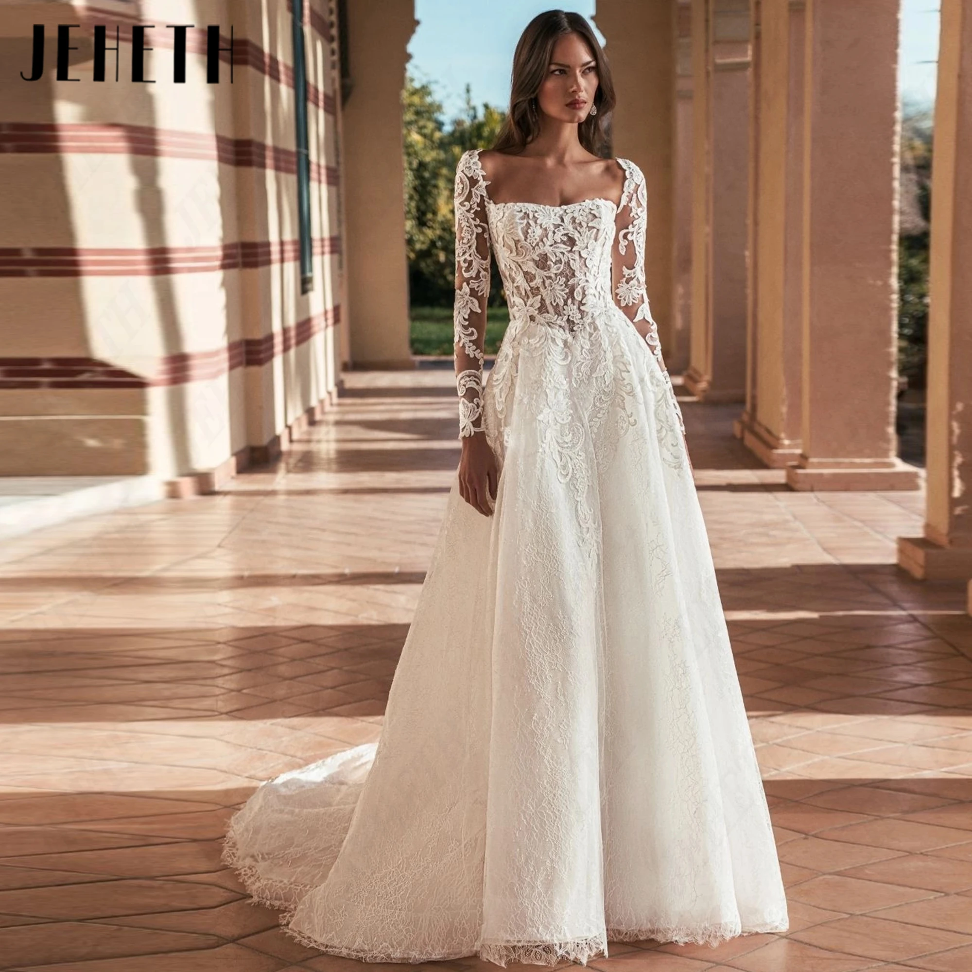 JEHETH Illusion Square Neck Wedding Dresses Customized Detachable Long Sleeves Open Back Bride Gowns Lace Appliques Elegant