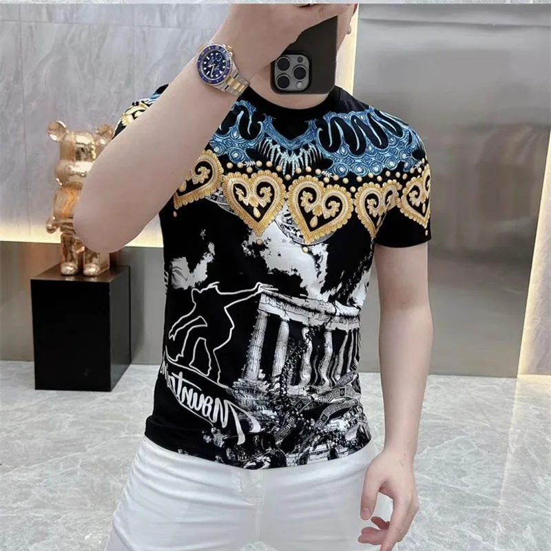 Luxury Printed Ice Silk T-shirt for Men Summer Round Neck Slim Fit Casual T-shirts Social Business Street Wear Tshirts M-4XL
