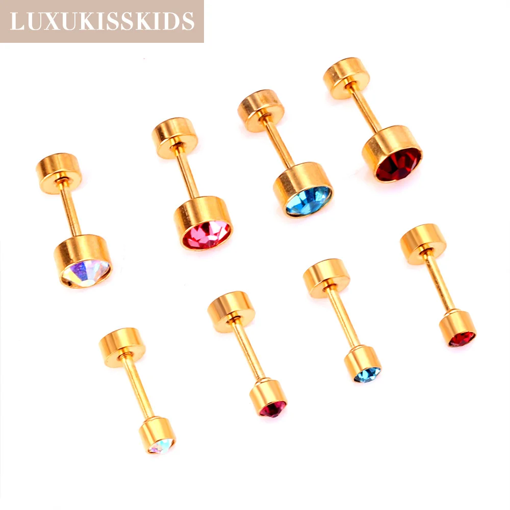 LUXUKISSKIDS 3mm/5mm Round Birth Stone orecchini AAA Cubic Zirconia Luxury Small muslimblue Red Pink Piercing Gifts